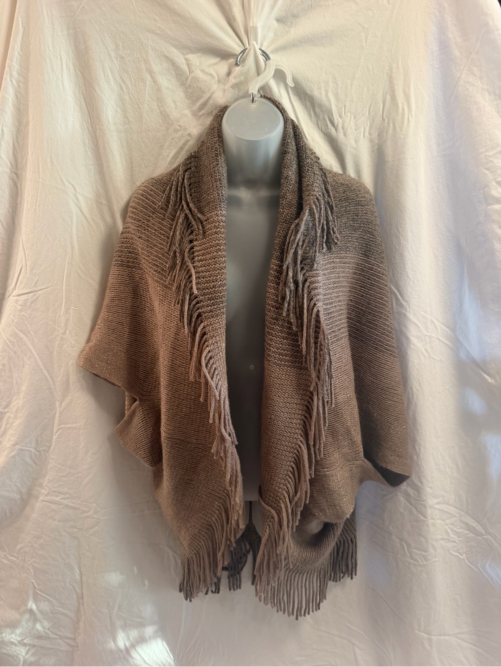 Fringed Knit Poncho Wrap - Taupe